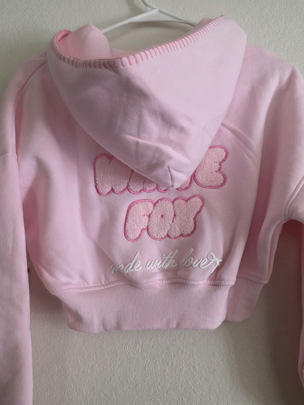 White Fox Pink Cropped Hoodie with Embroidered Puff Logo